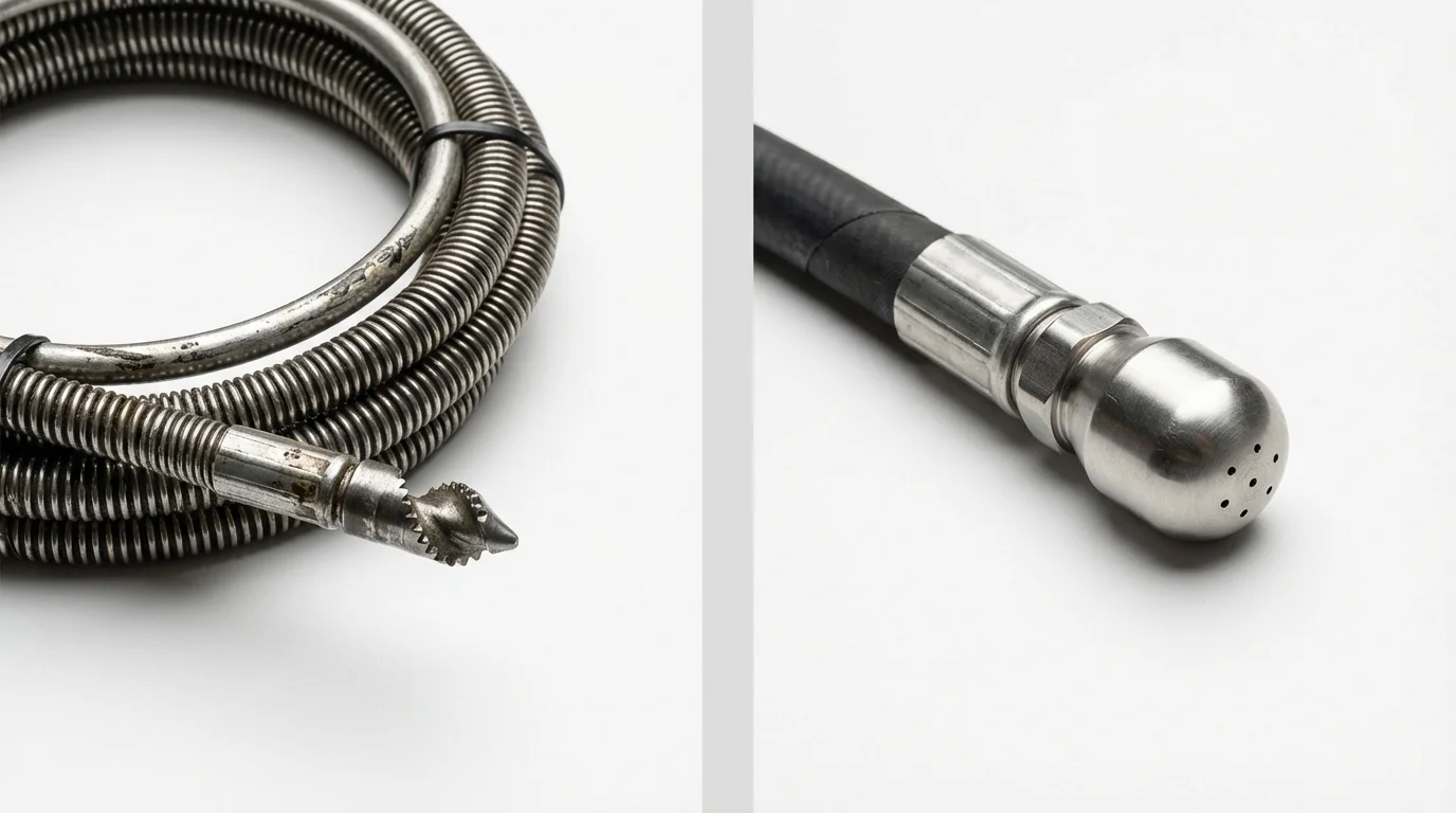 Drain snake cable and hydro jetting nozzle used for drain cleaning in Rich Hill, MO