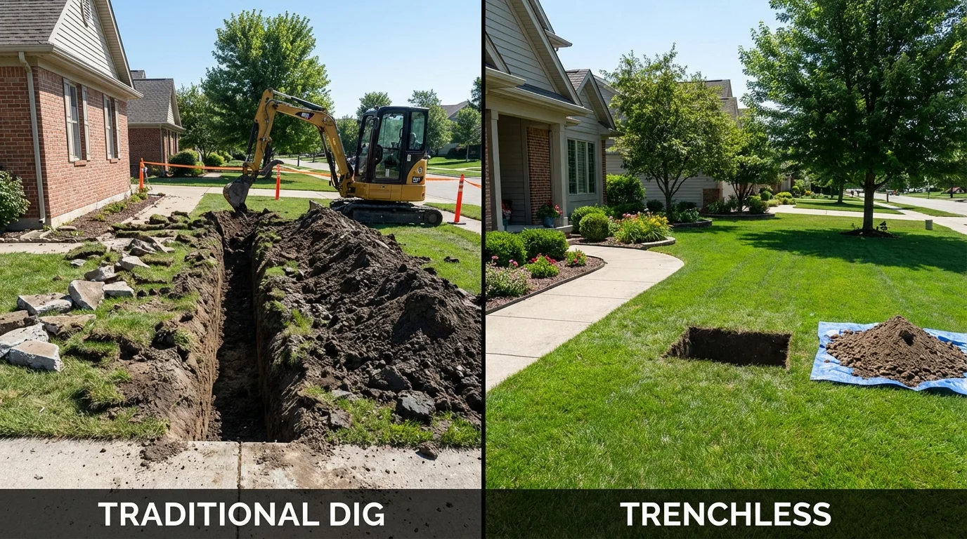 Trenchless sewer repair with minimal yard damage versus traditional excavation in Rich Hill, MO