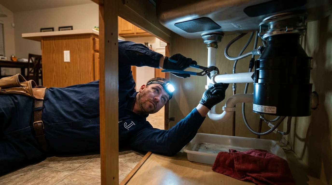 P-trap and supply line connections under a kitchen sink showing a common leak point in Rich Hill, MO
